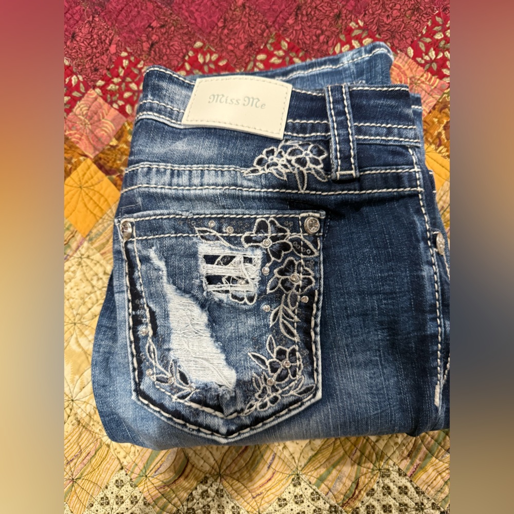 Miss Me Blue Boot Cut Jeans with White Embroidery